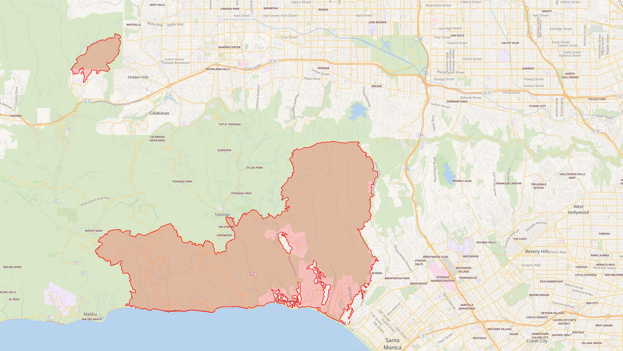 Affected area fire map of Pacific Palisades