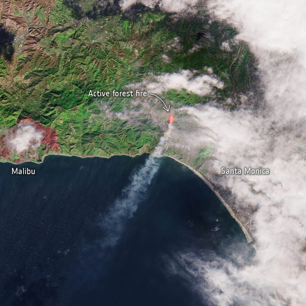 Palisades fire in Los Angeles wild fire satellite image