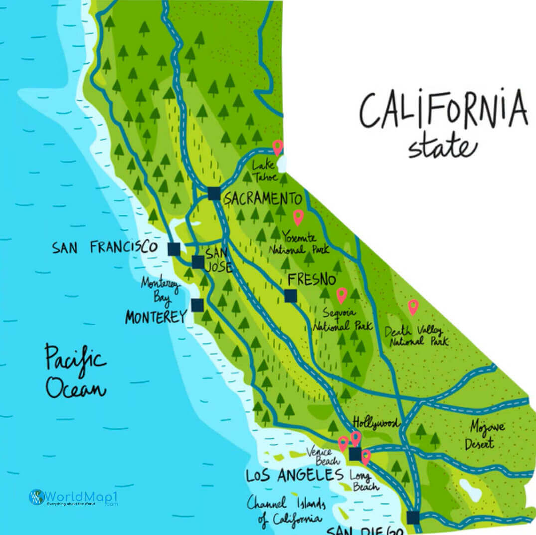 California national park and trails with cities and Pacific Ocean