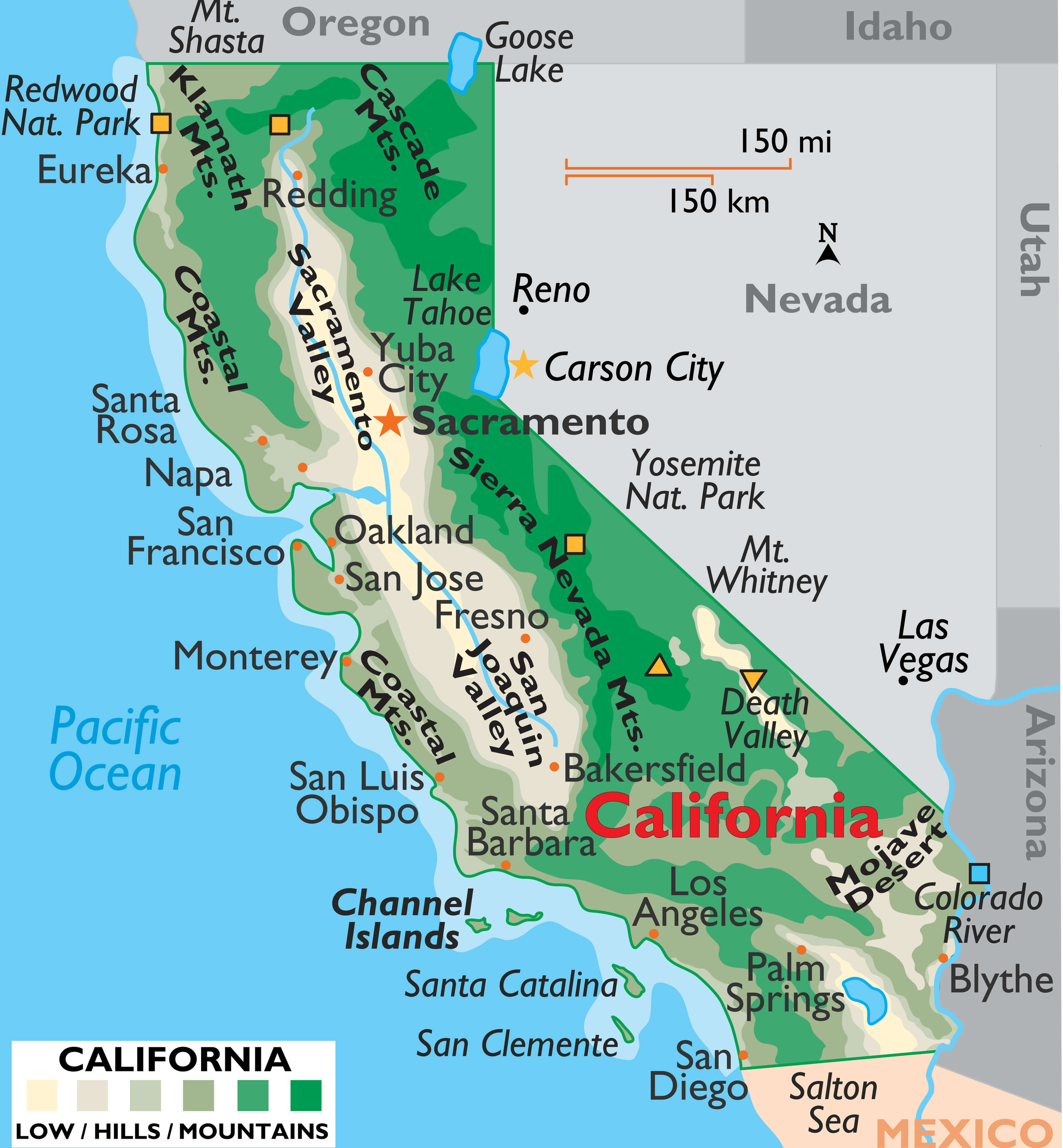 California Physical map with mountains