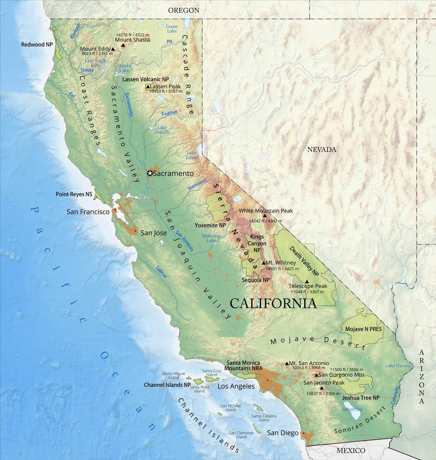 California Physical Map with Valleys and Deserts