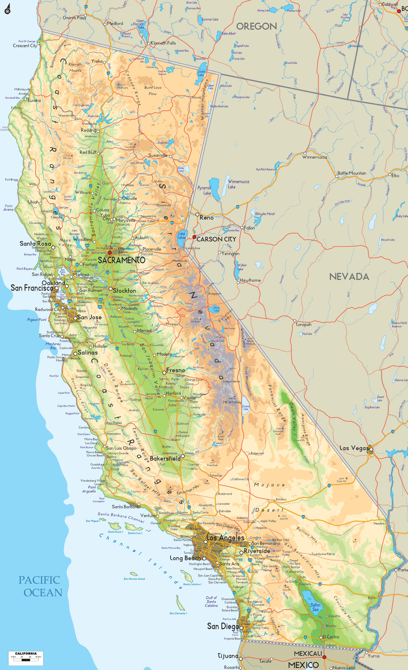 California Physical map with topography, cities, and geographic features.