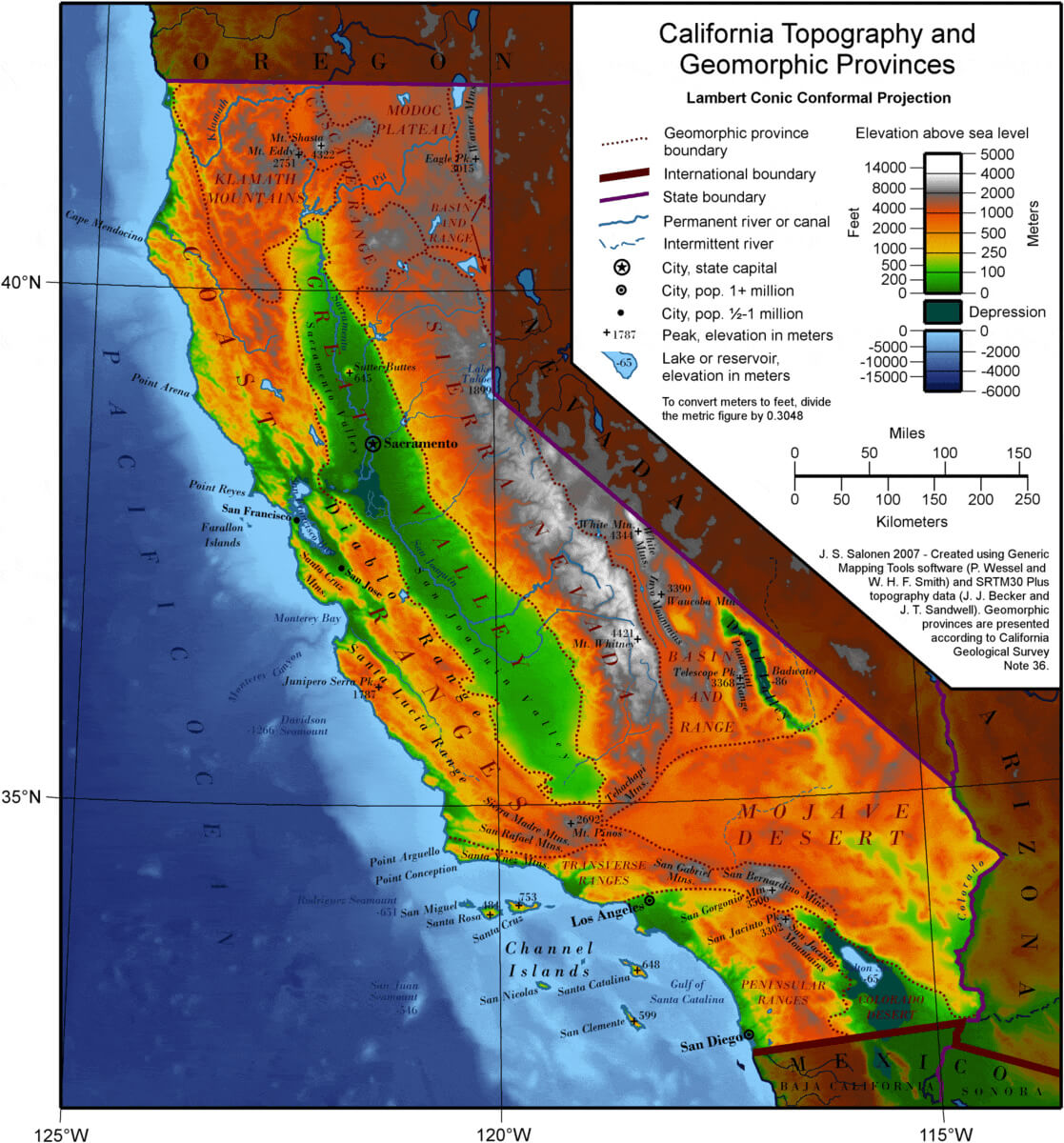 California topography and geomorphic map