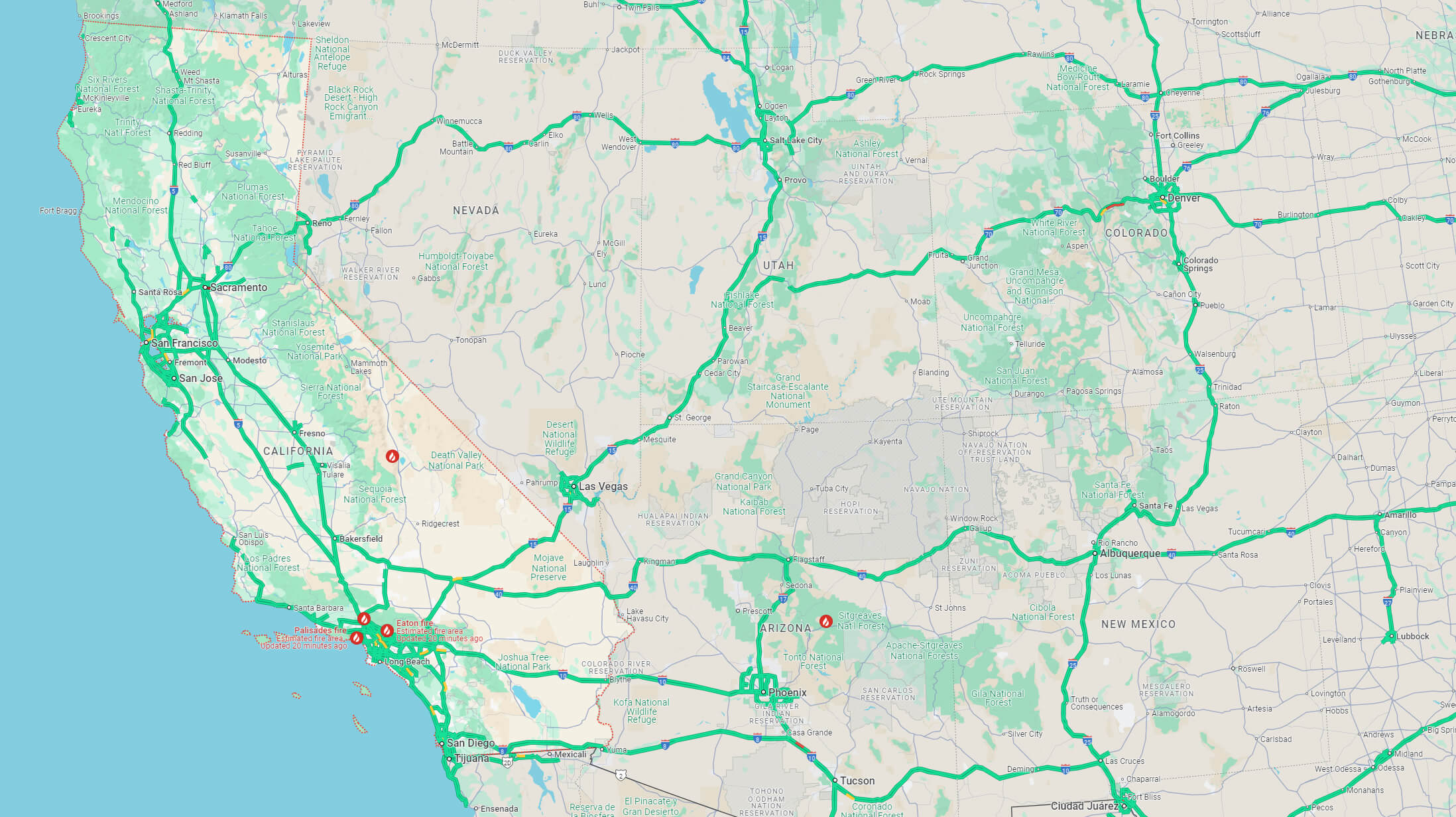 Map showing active California wildfires and affected areas in January 2025