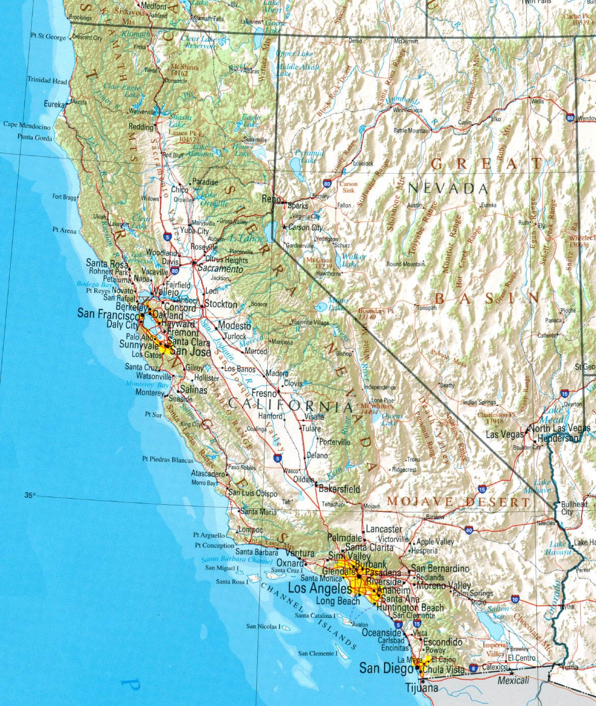 Physical map of California with cities