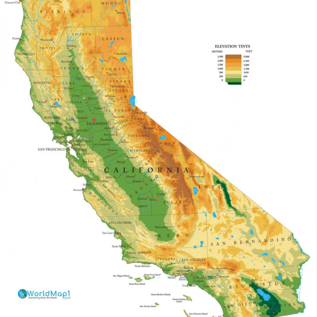 Physical map of California