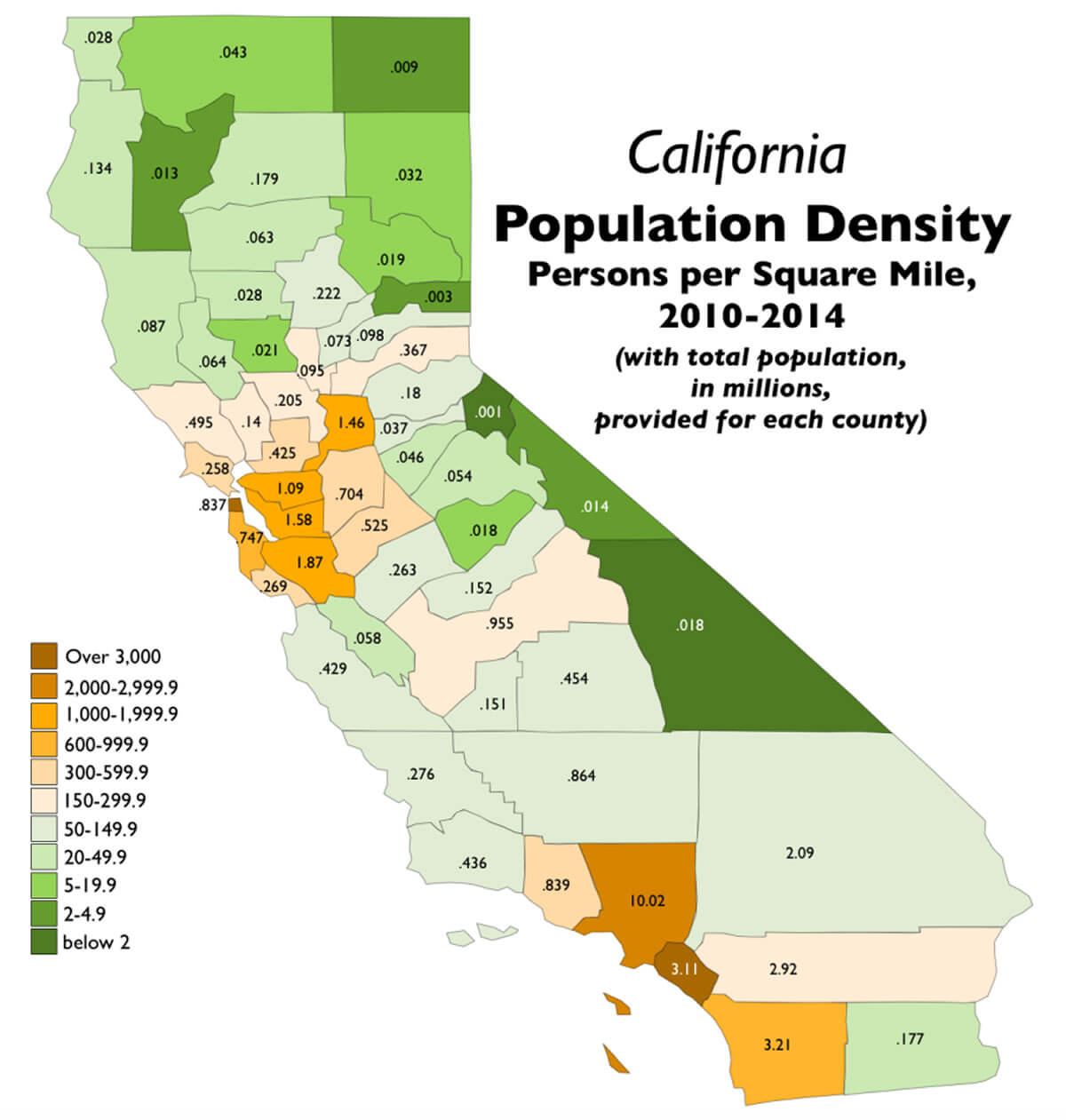 California population map by county with persons per square mile from 2010 to 2014