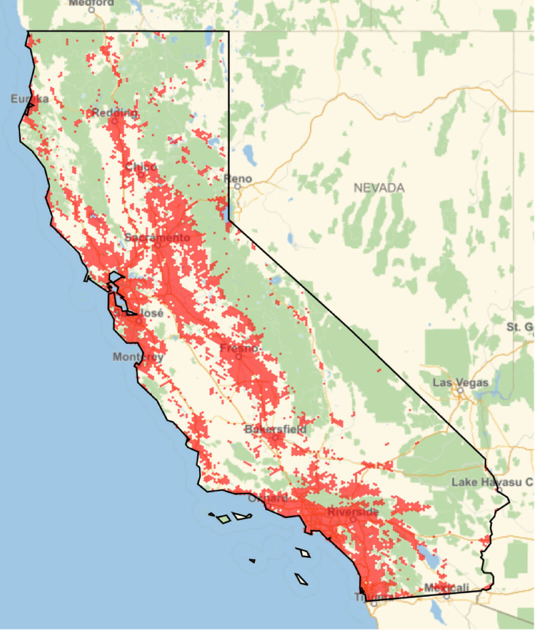 lived area and lived population density map in California