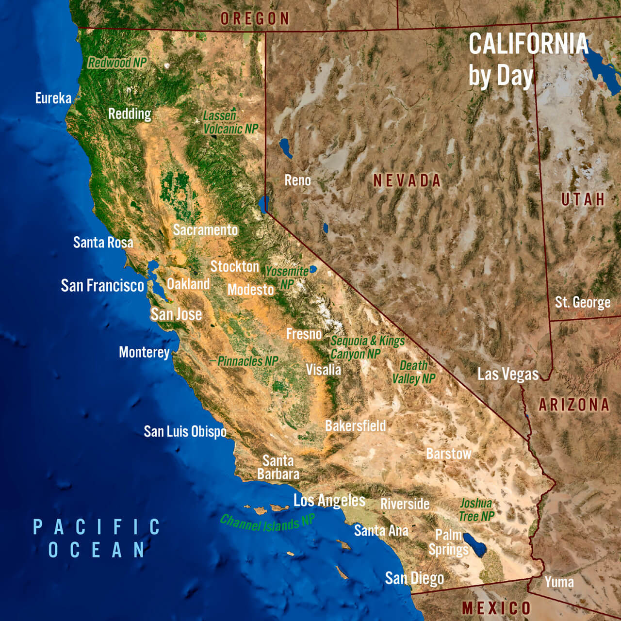 Physical Map of California with Cities and Population