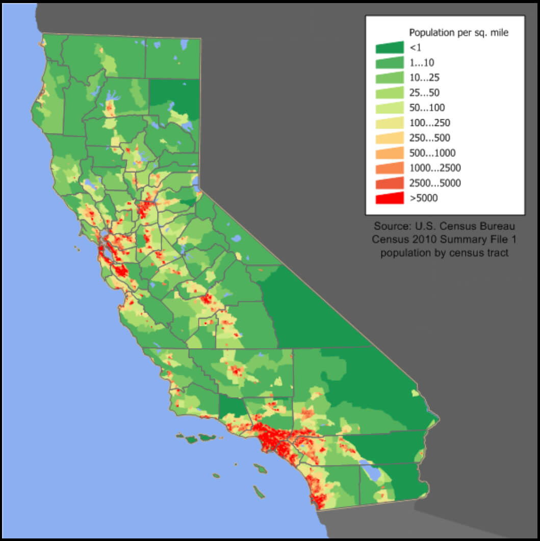 Population map of California with density by census tracts and regions