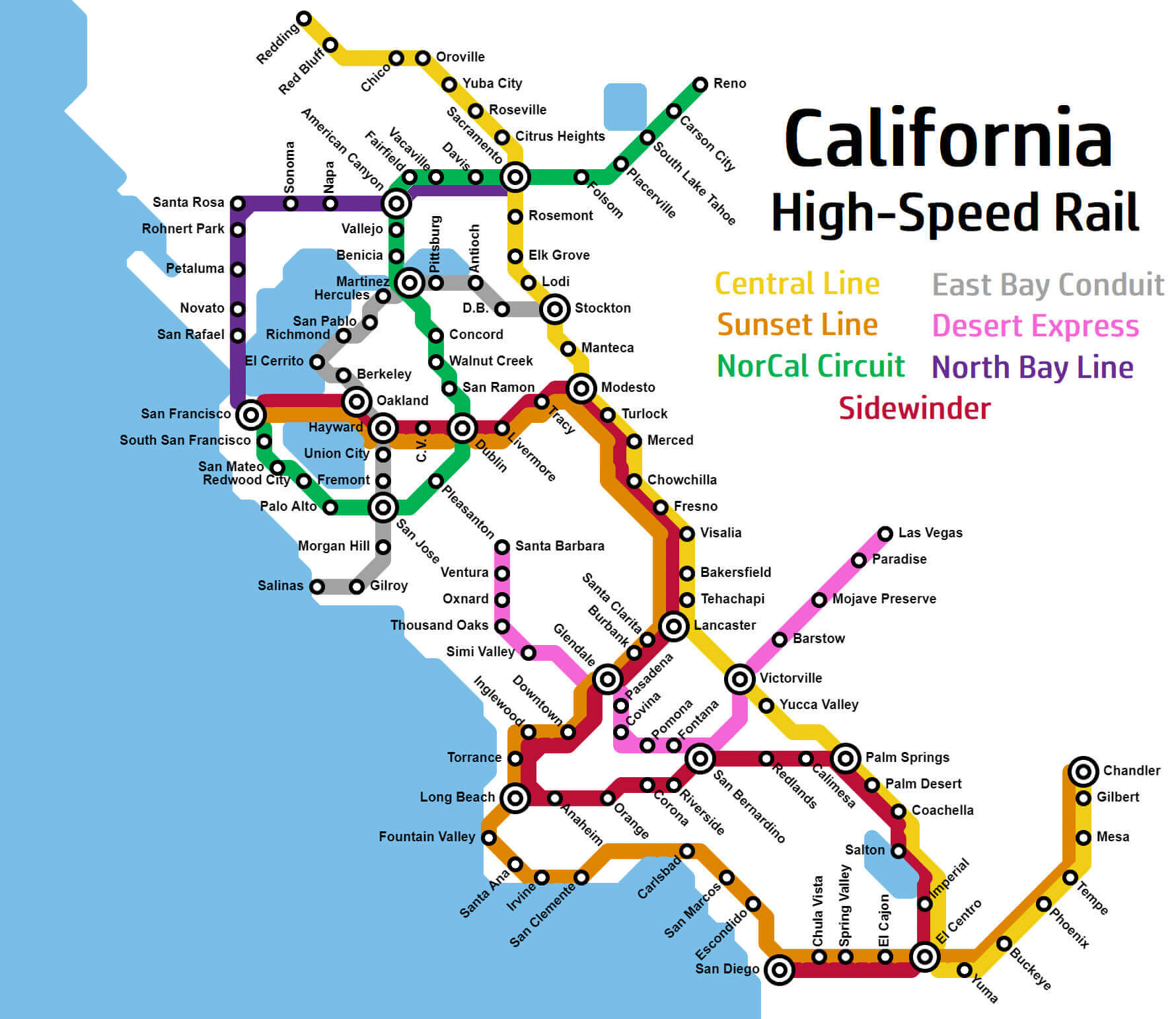 California high-speed rail network Map with routes, cities, and connections