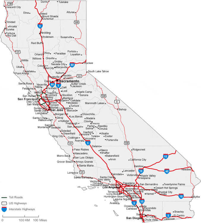 California Interstate Map with major highways and toll roads