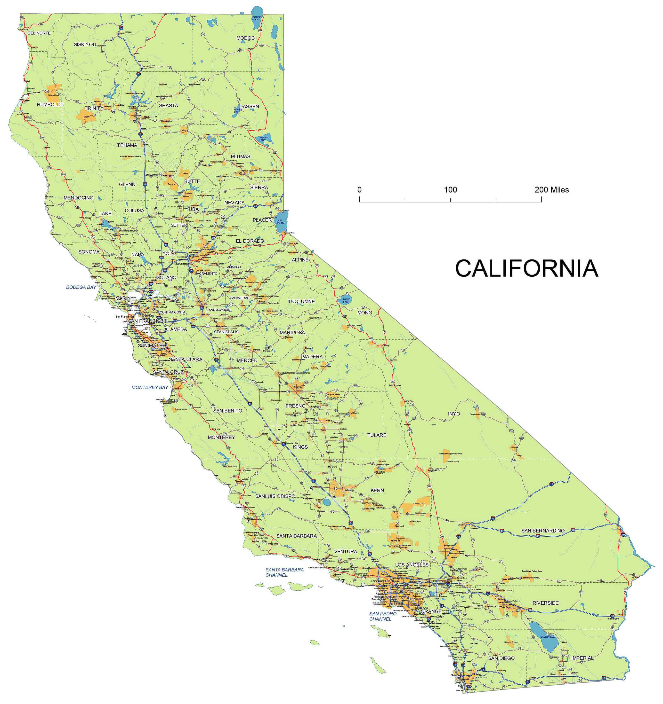 California road Map with cities, highways, and major routes