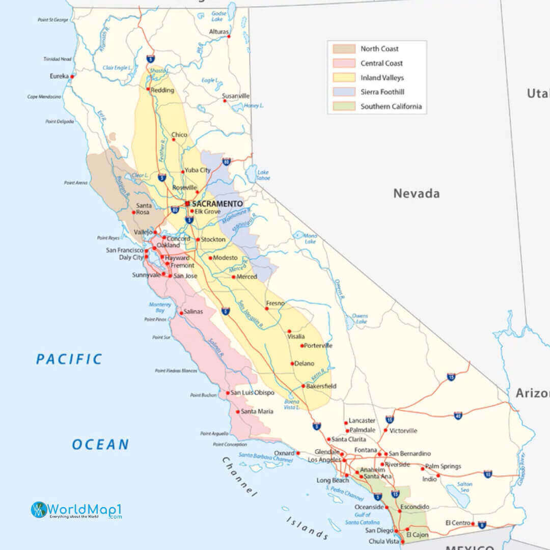 California road Map with lakes and rivers Map