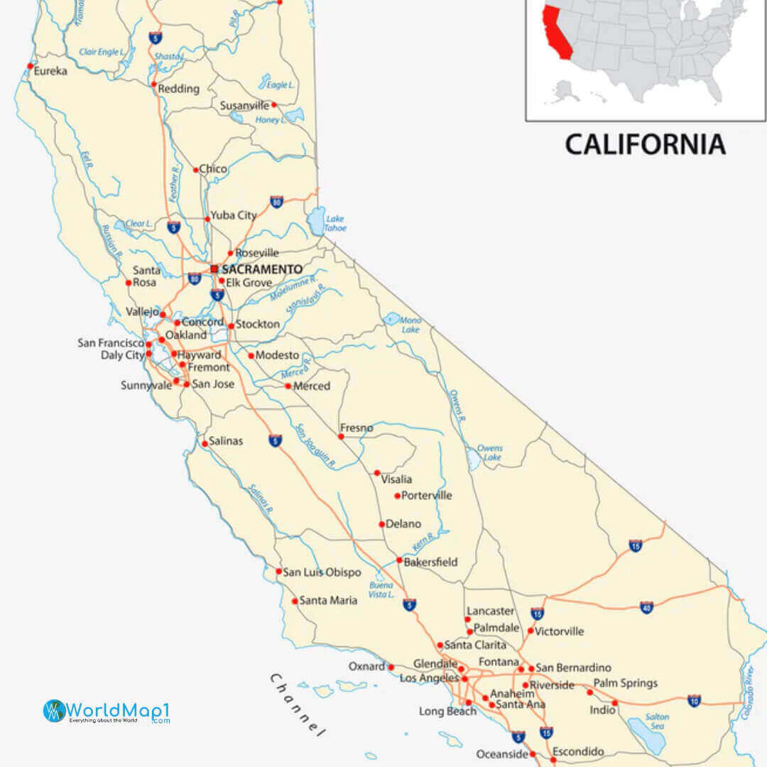 California roads and rivers Map with highways, cities, and waterways