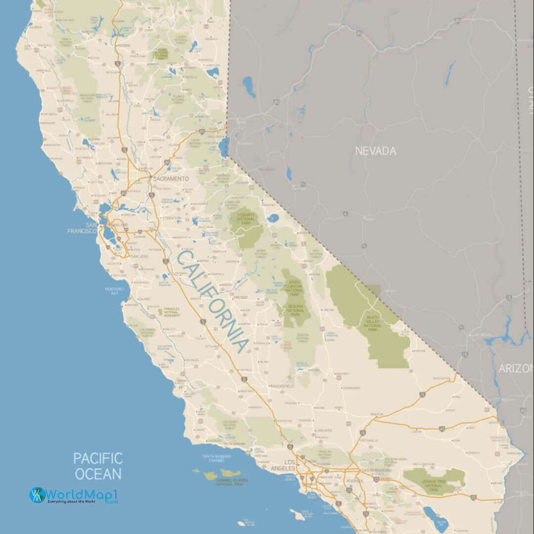 California route Map with san francisco bay area