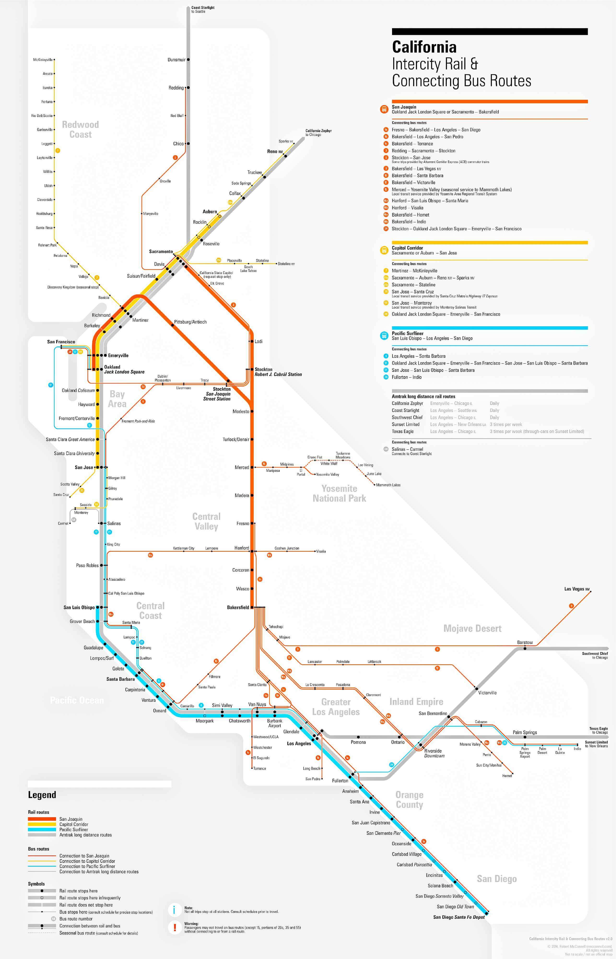 California train railway Map with intercity rail and connecting bus routes