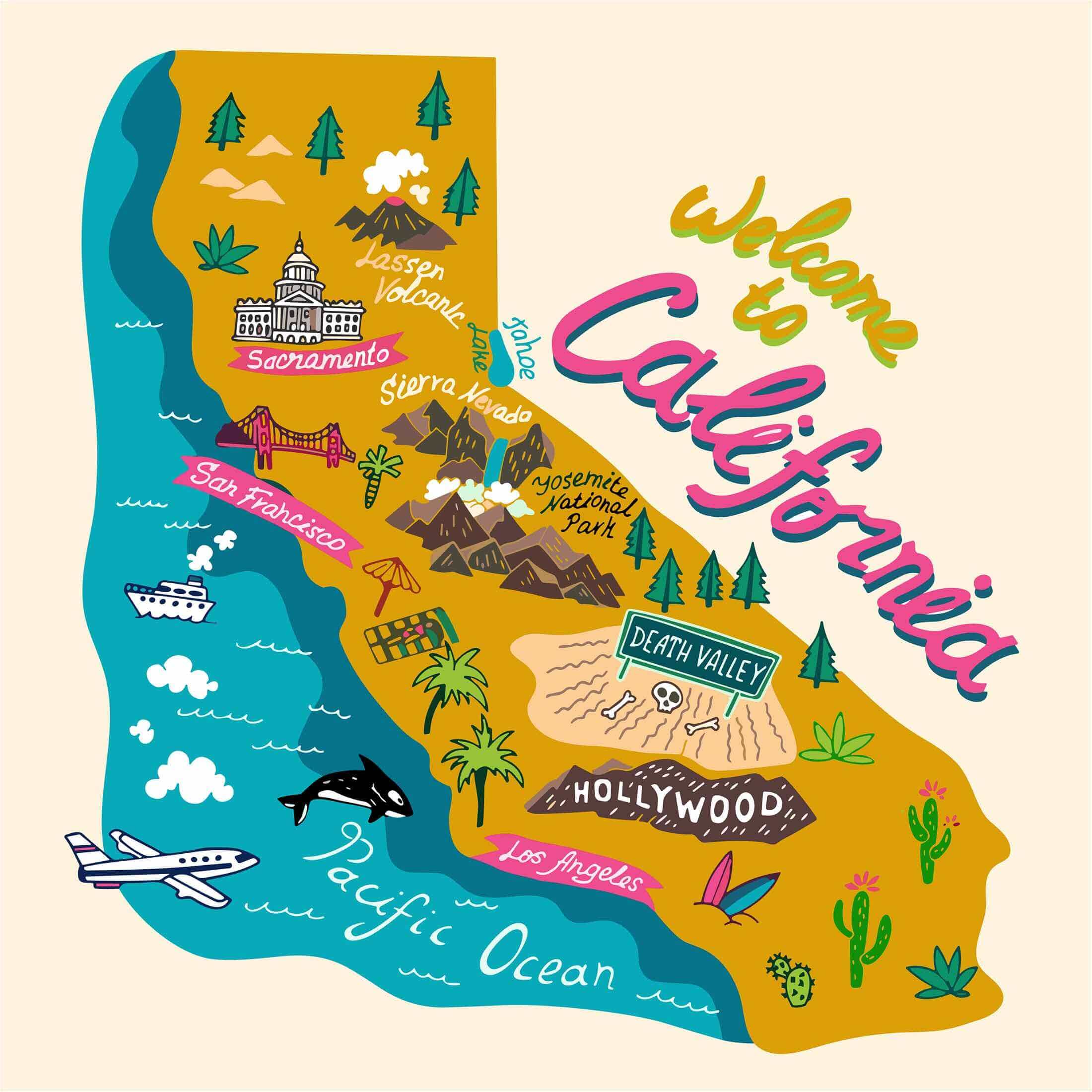 Illustrated California travel tourist Map with major attractions and landmarks