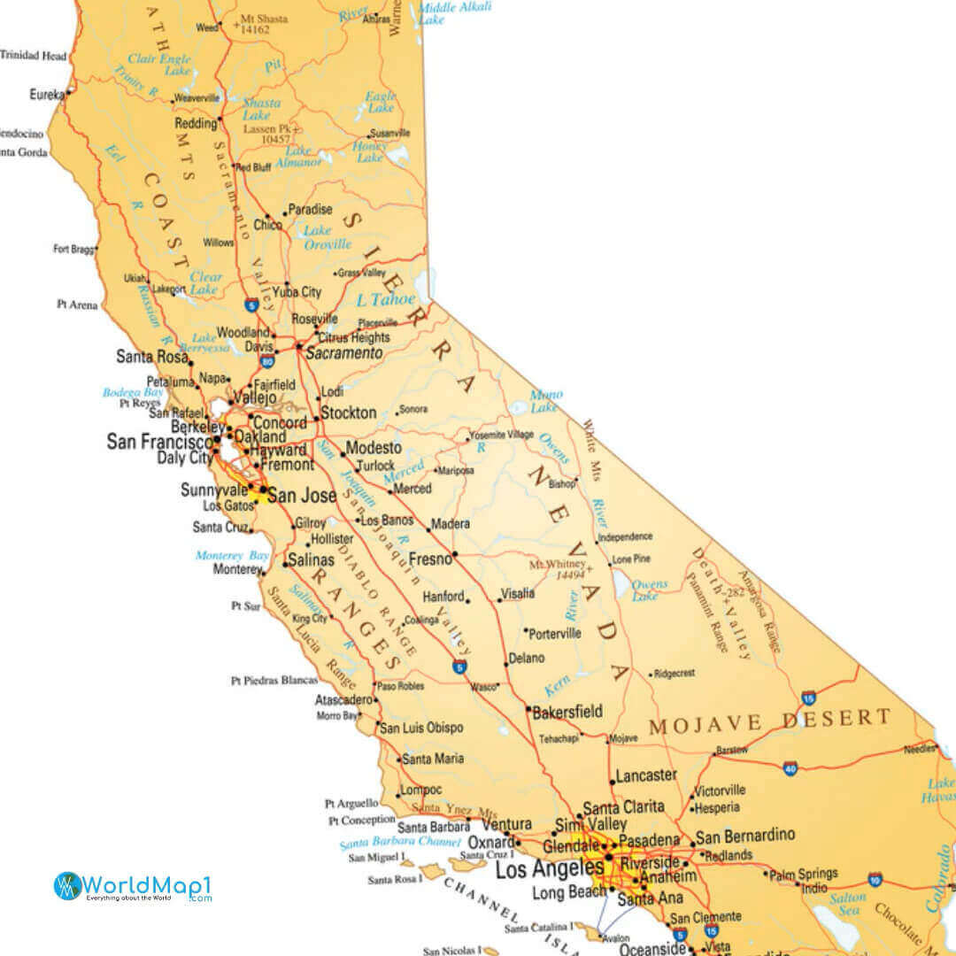 Major Cities Map of California with Roads