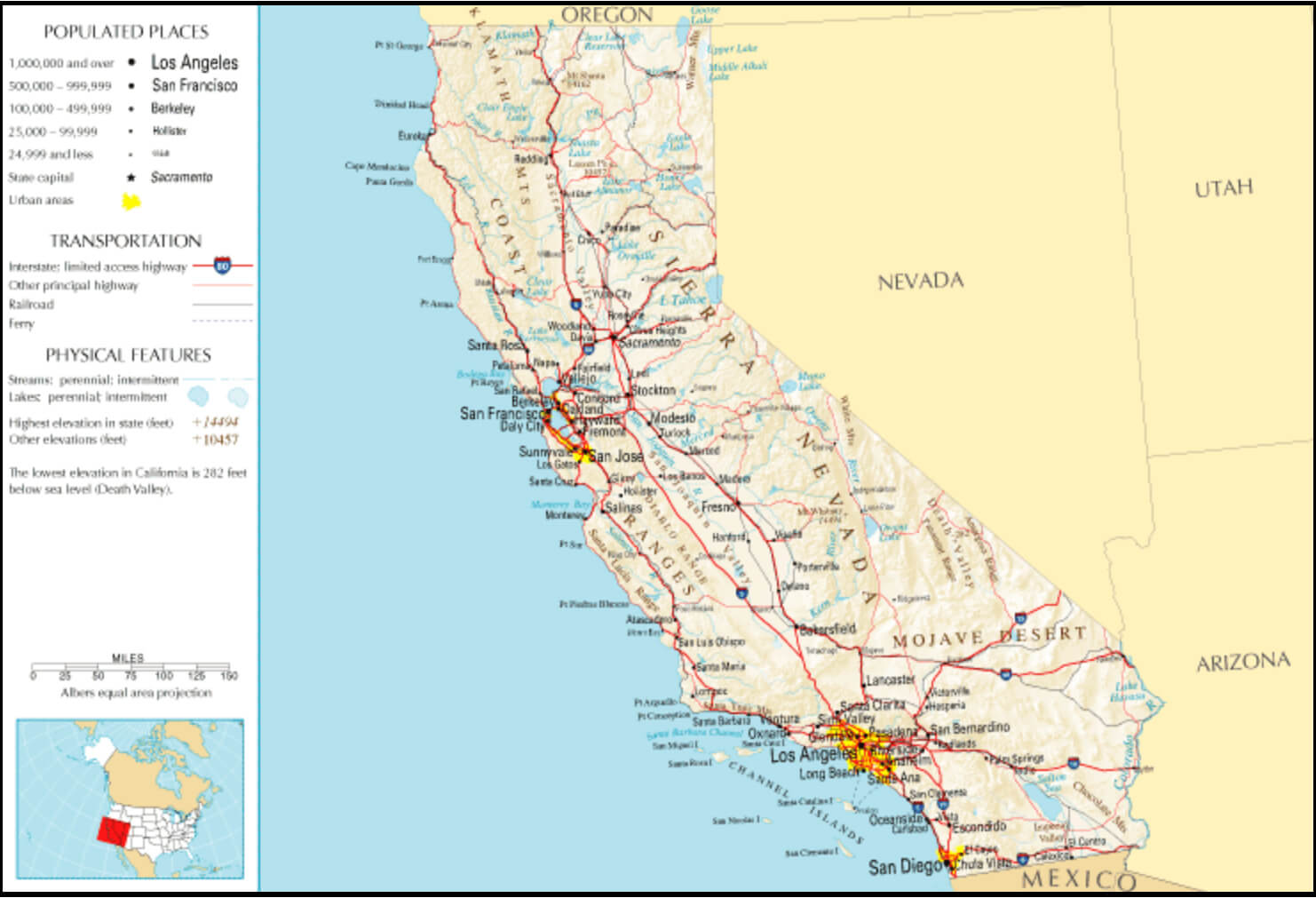 Map of California with primary cities and roadways