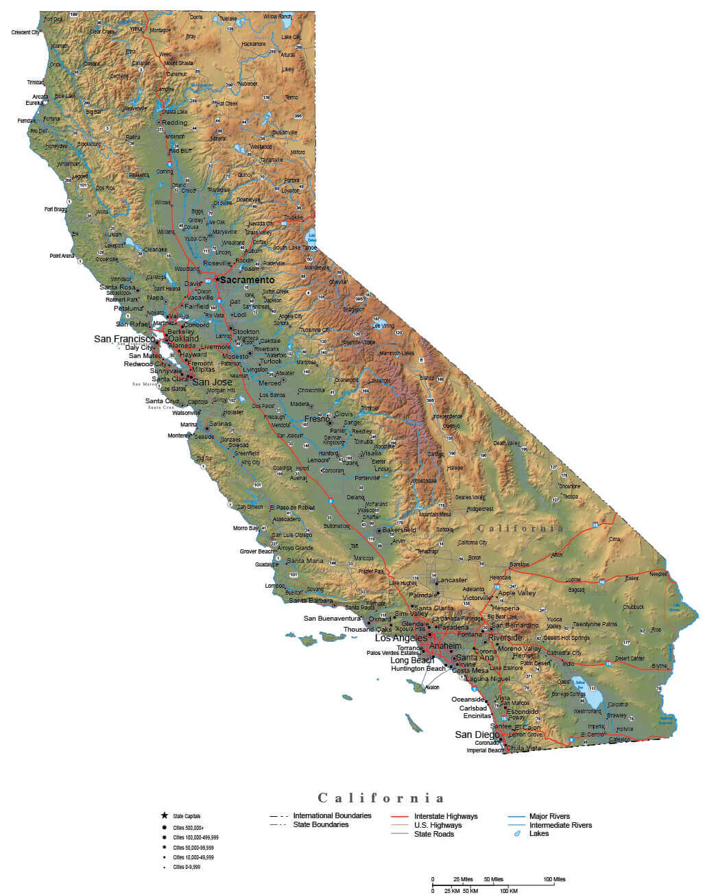 Physical Map of California with highways