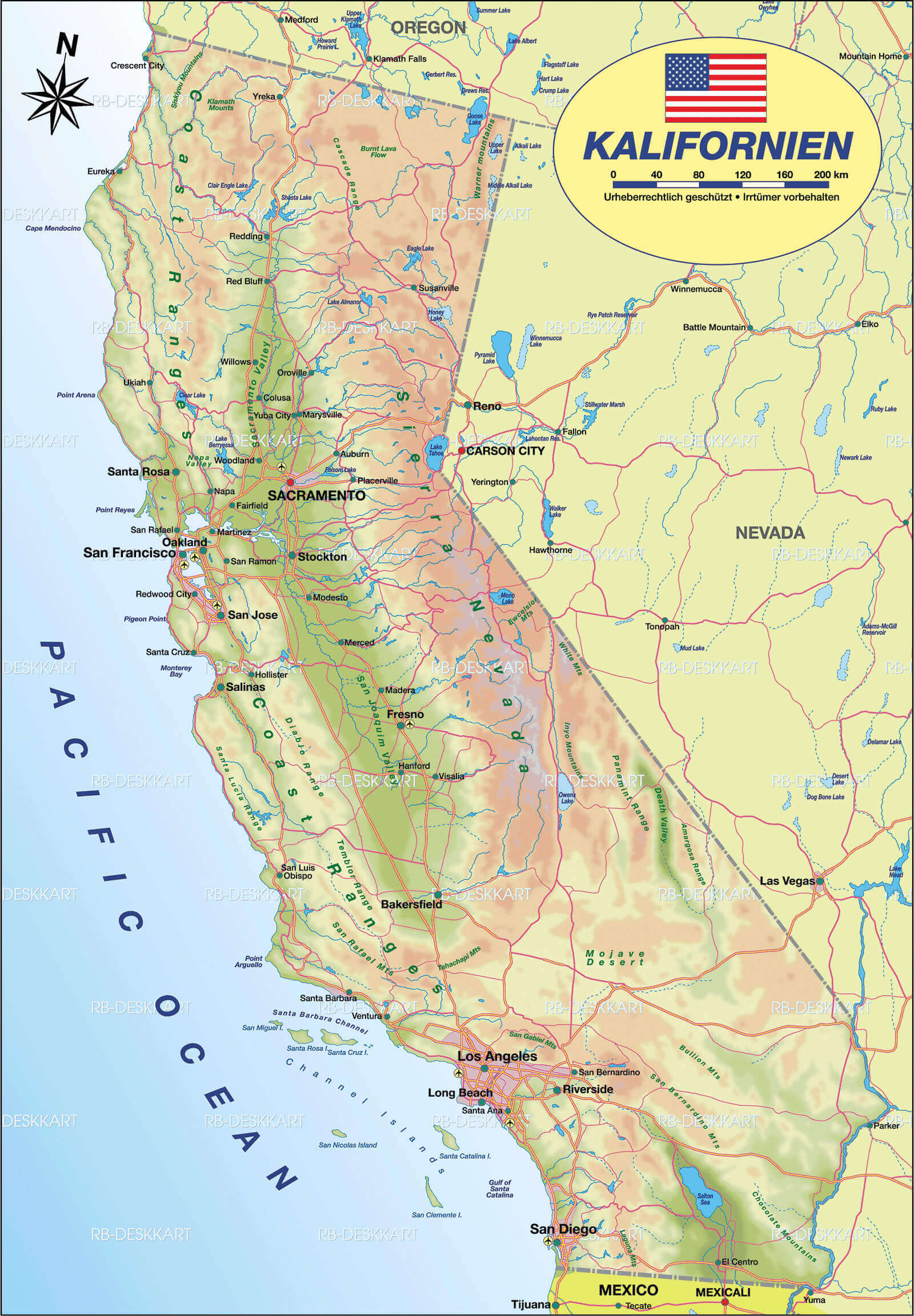 Physical Map of California with main roads