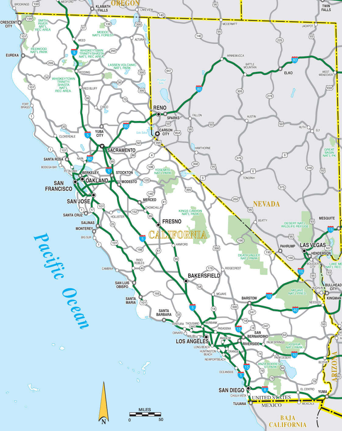 Road Map of California with highways, interstates, and major cities