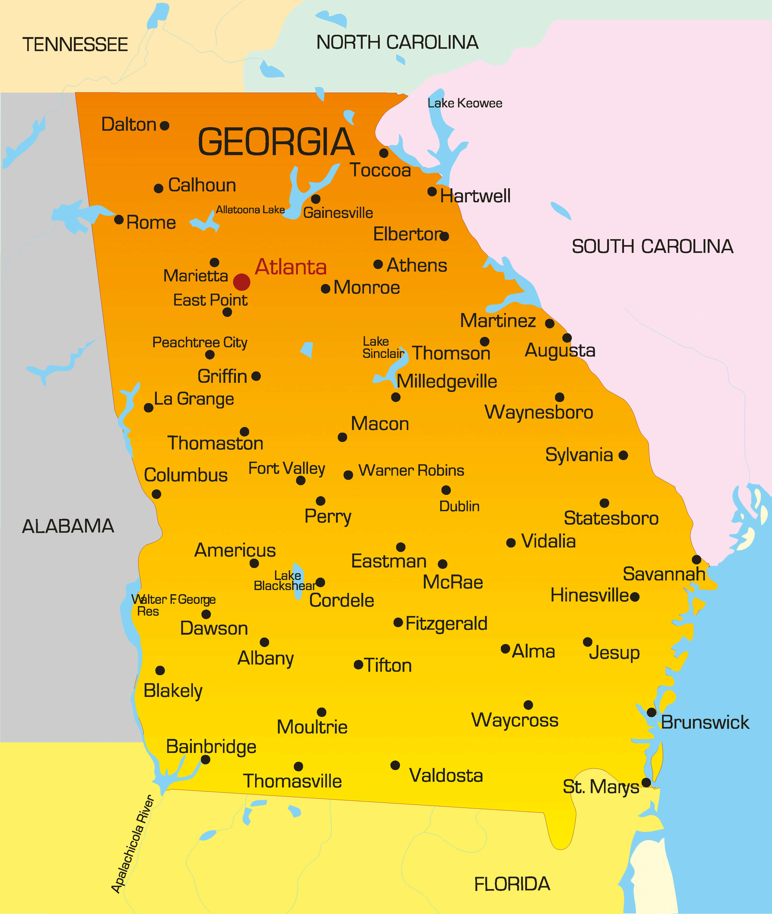 Georgia map with major cities, including Atlanta