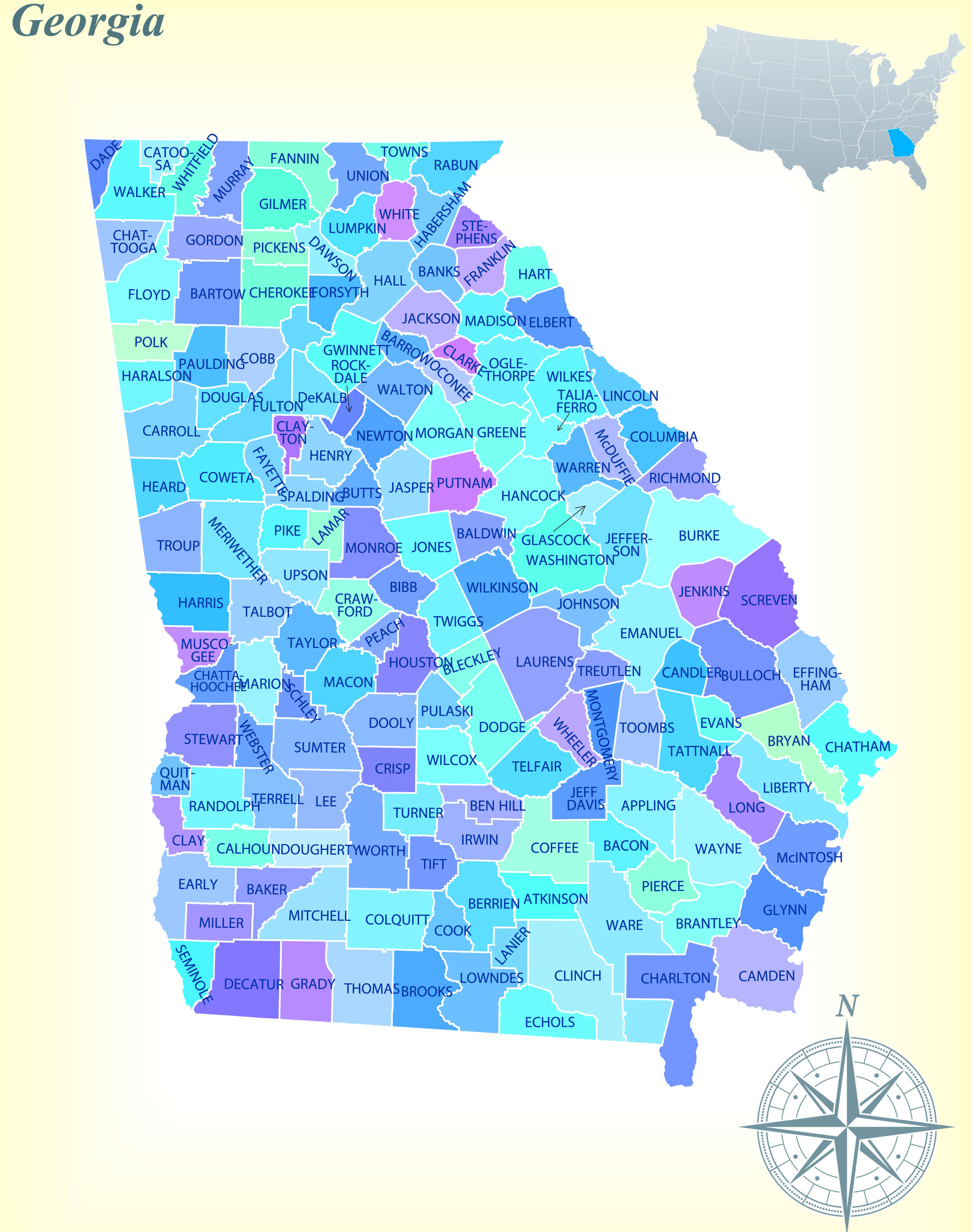 Map of Georgia with labeled counties in various colors