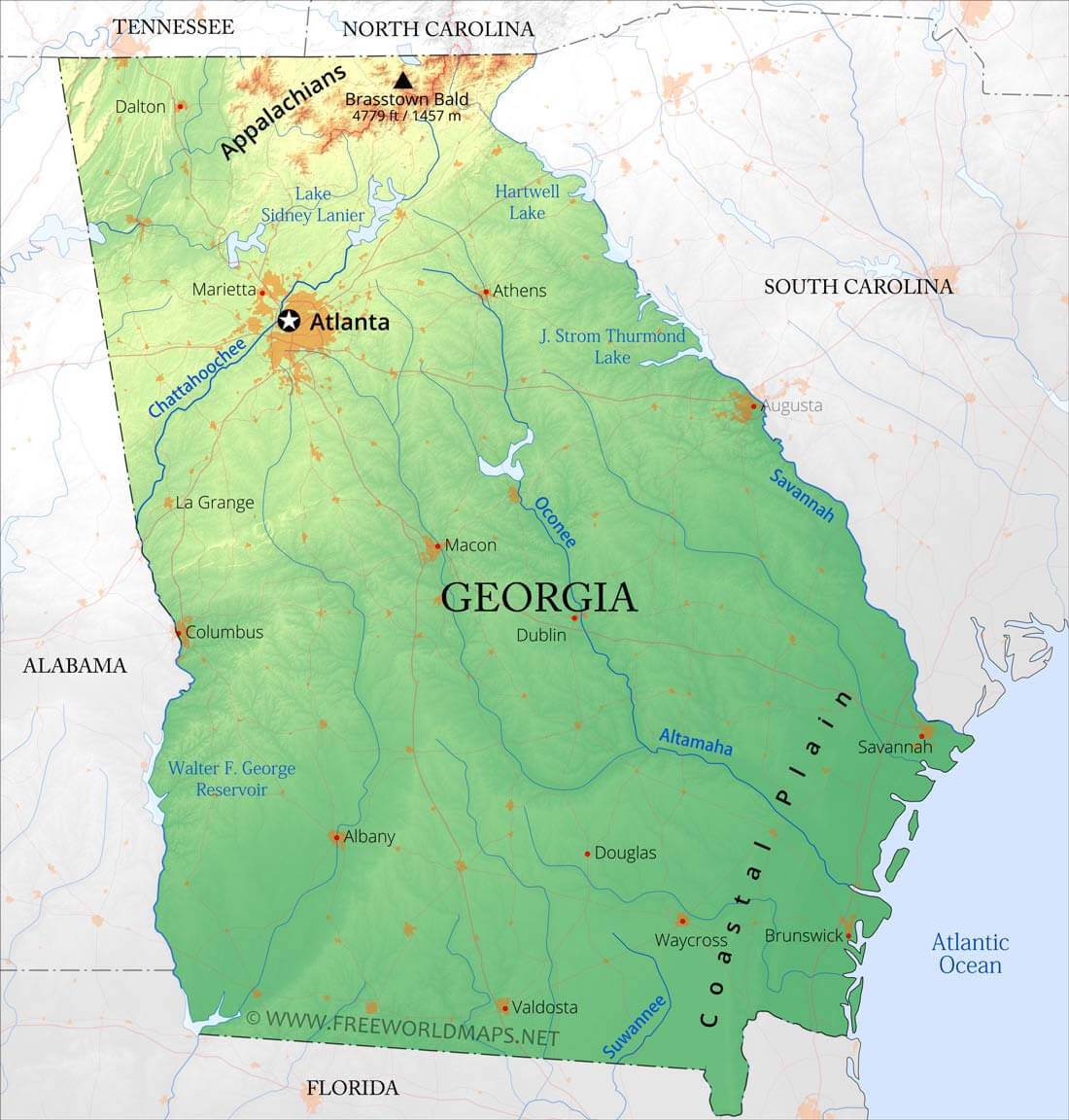 Georgia's physical features map with Appalachians, rivers, plains