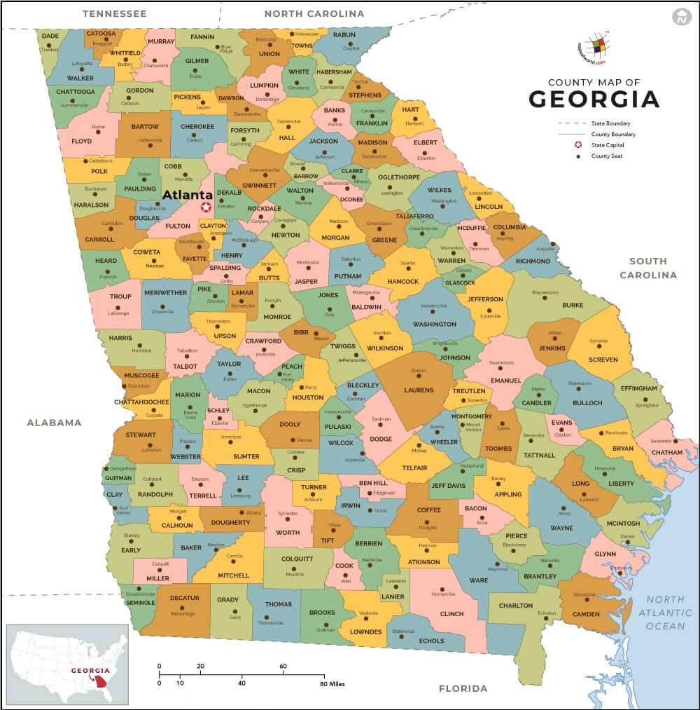 Map of Georgia with counties and county seats shown in a variety of colours