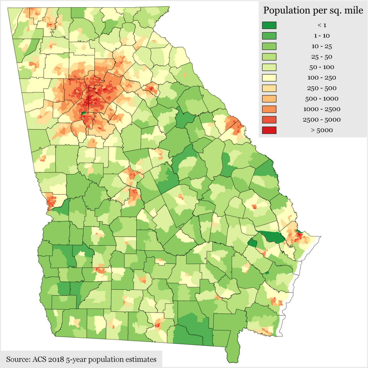 Georgia map with population density per square mile by county