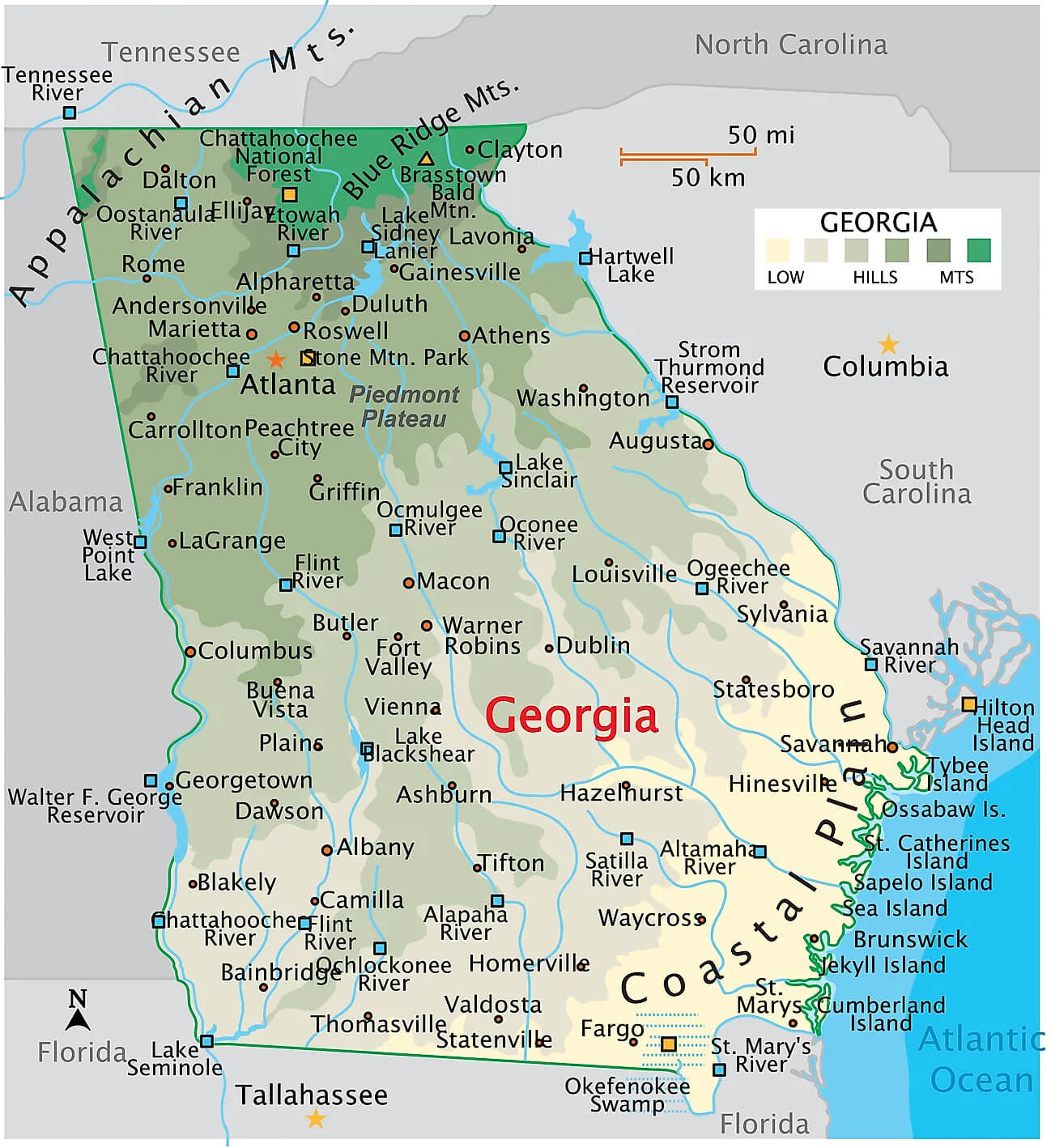 Georgia map shows rivers, major cities, and geographic features