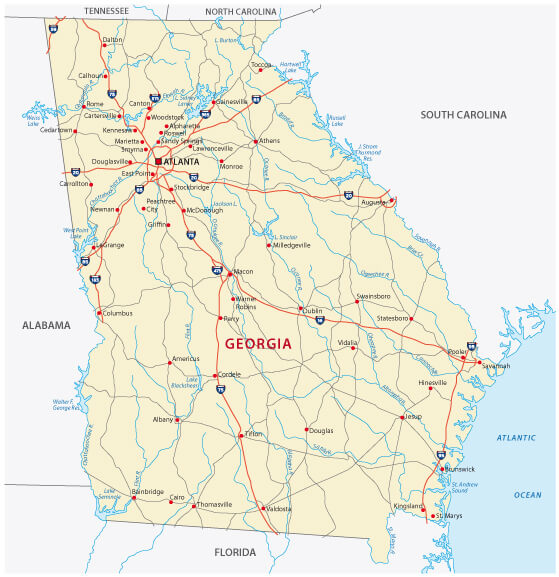 Georgia road map highlighting major highways, cities, and interstates