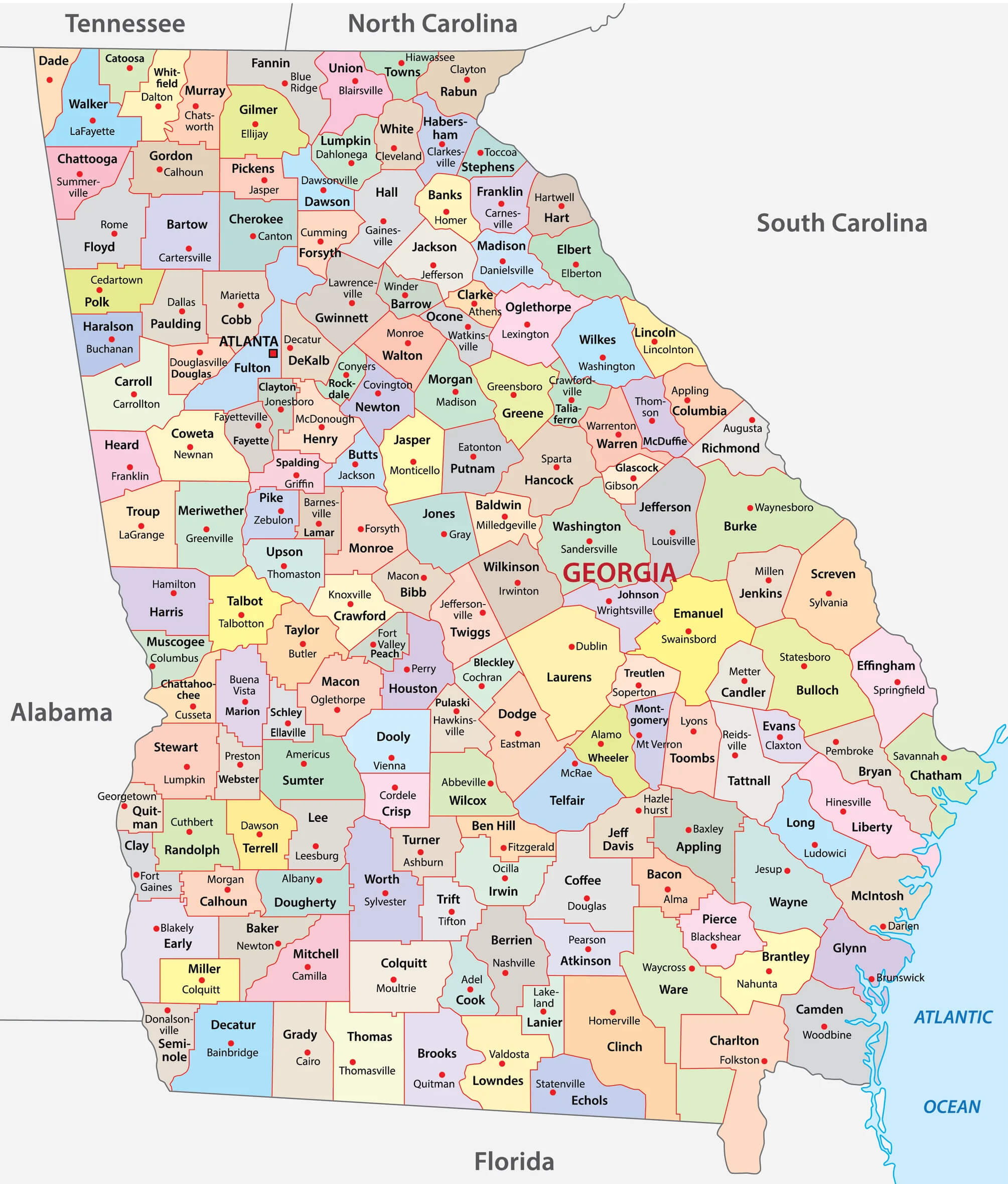 Map of Georgia state with borders, highlighting counties and major cities