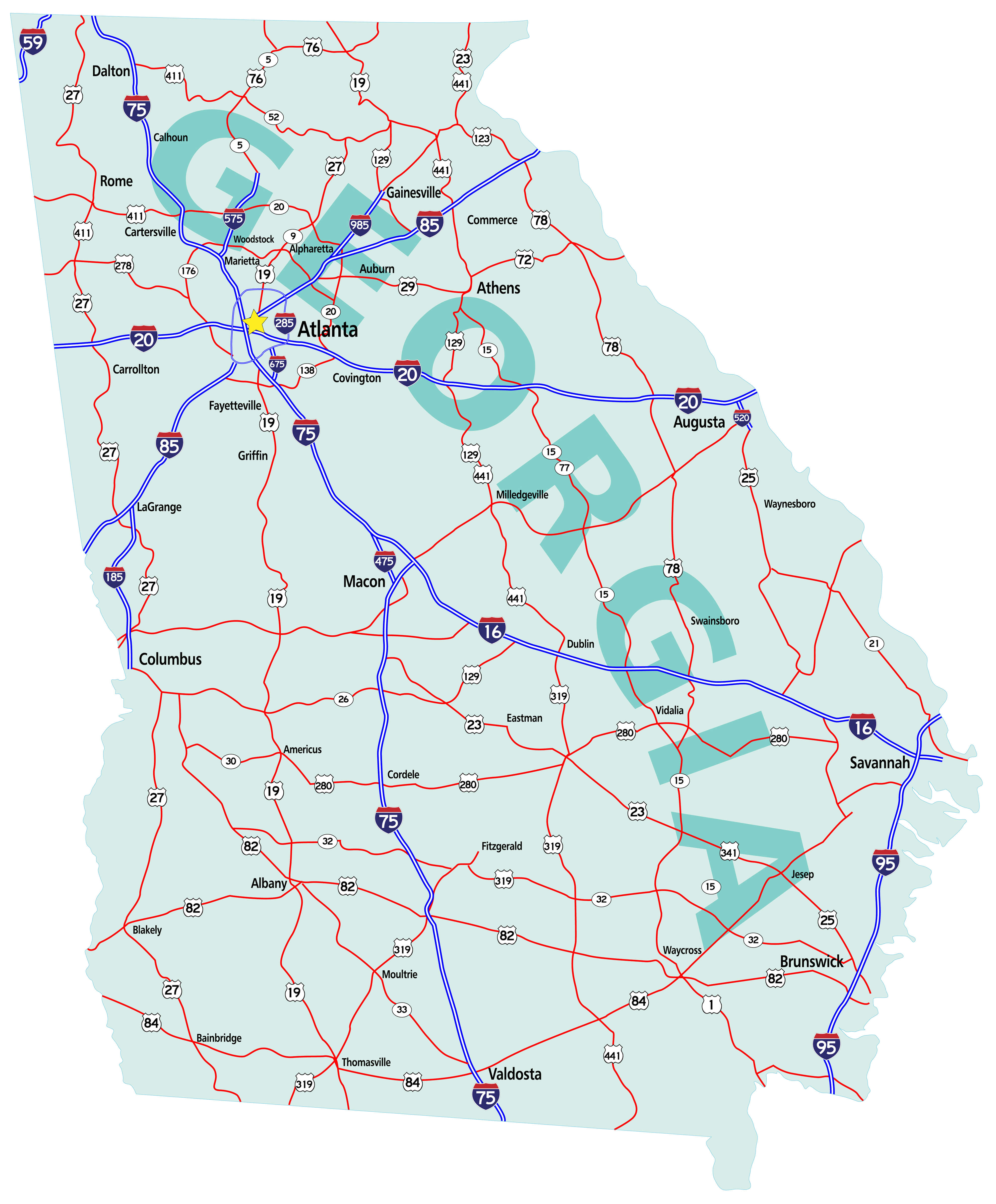 Georgia state map with major highways, interstates, and cities