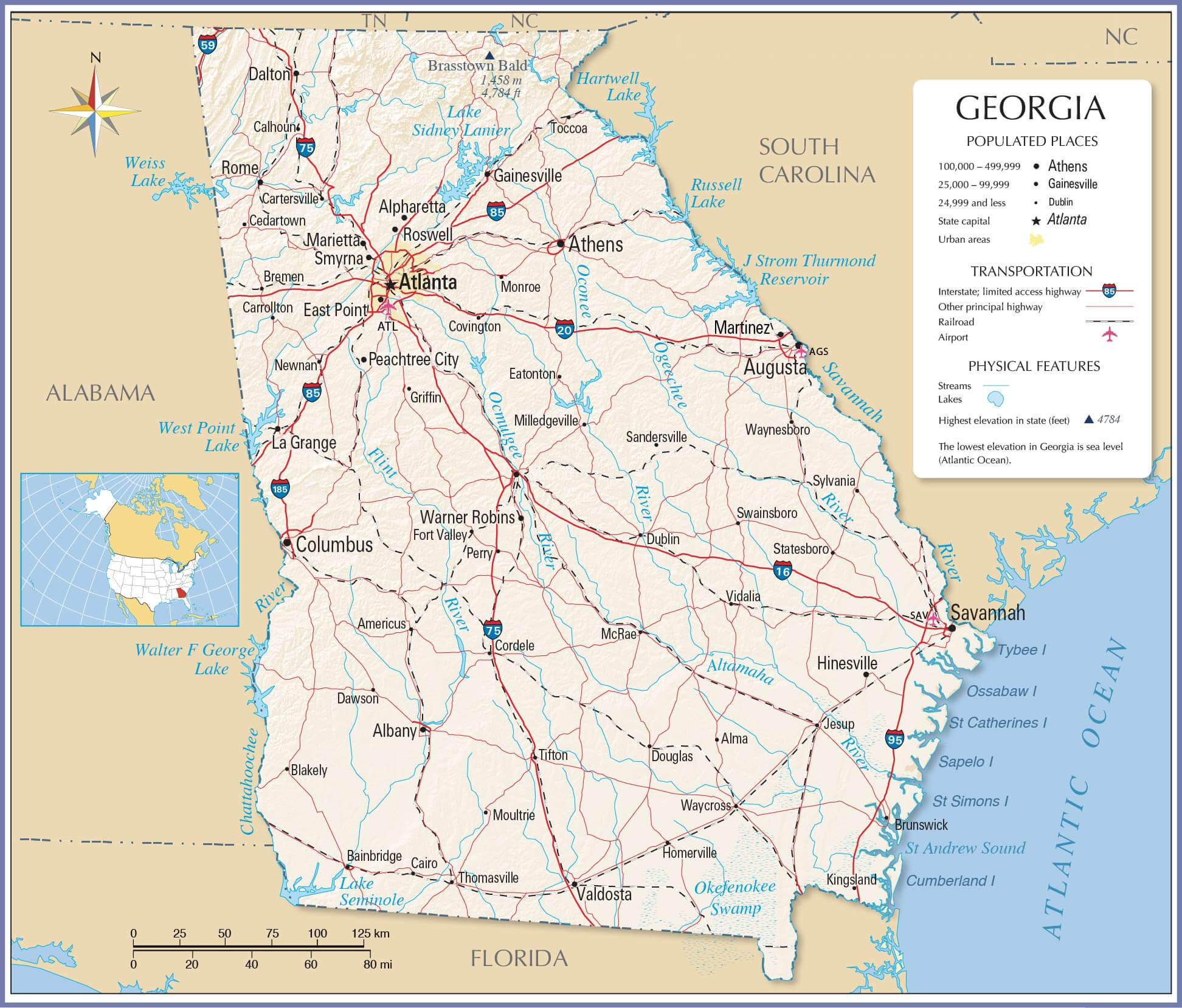 Georgia map displays populated places, highways, airports, lakes, and rivers