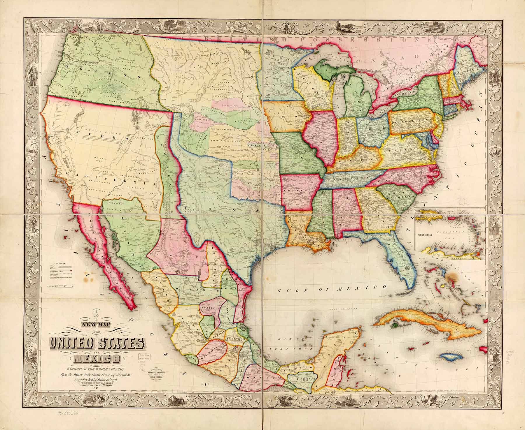 Gulf of America Mexico and US historical map 1847