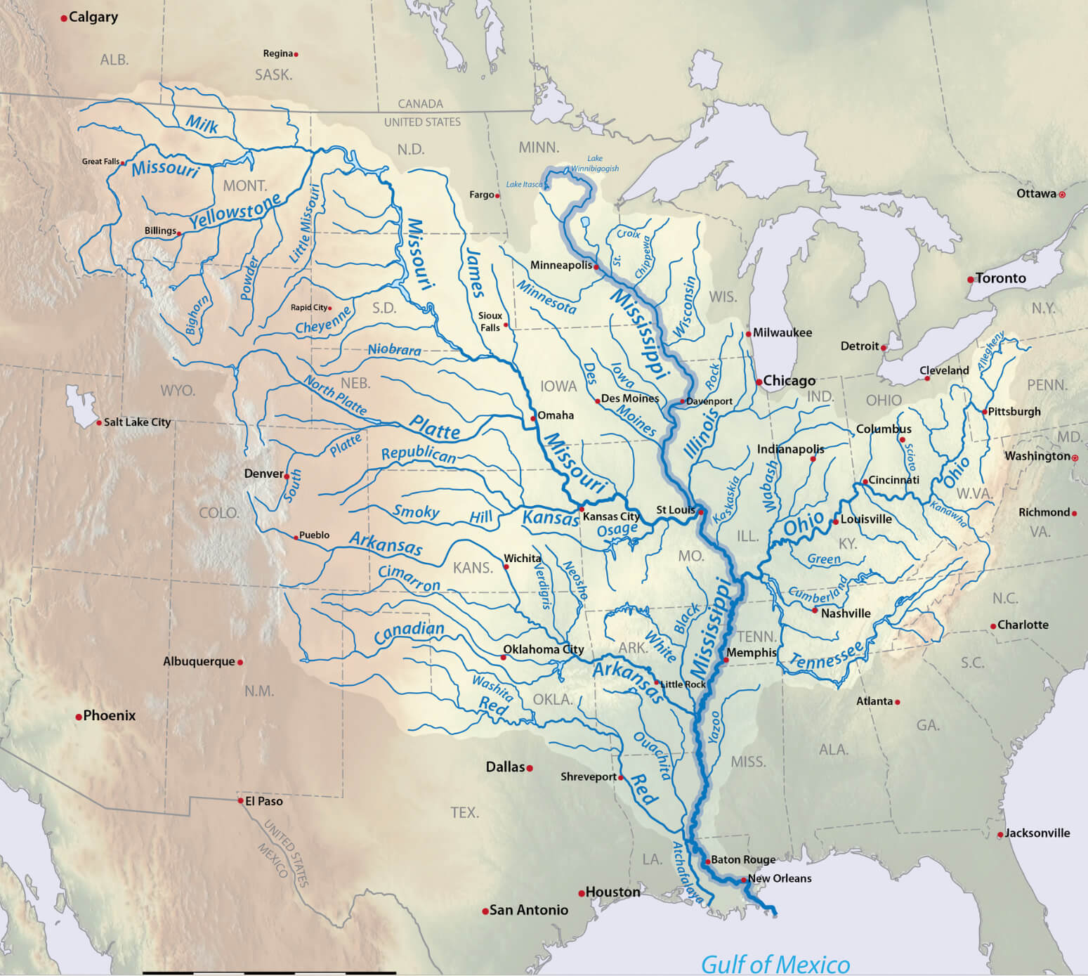 Mississippi river watershed and  Gulf of Mexico map USA