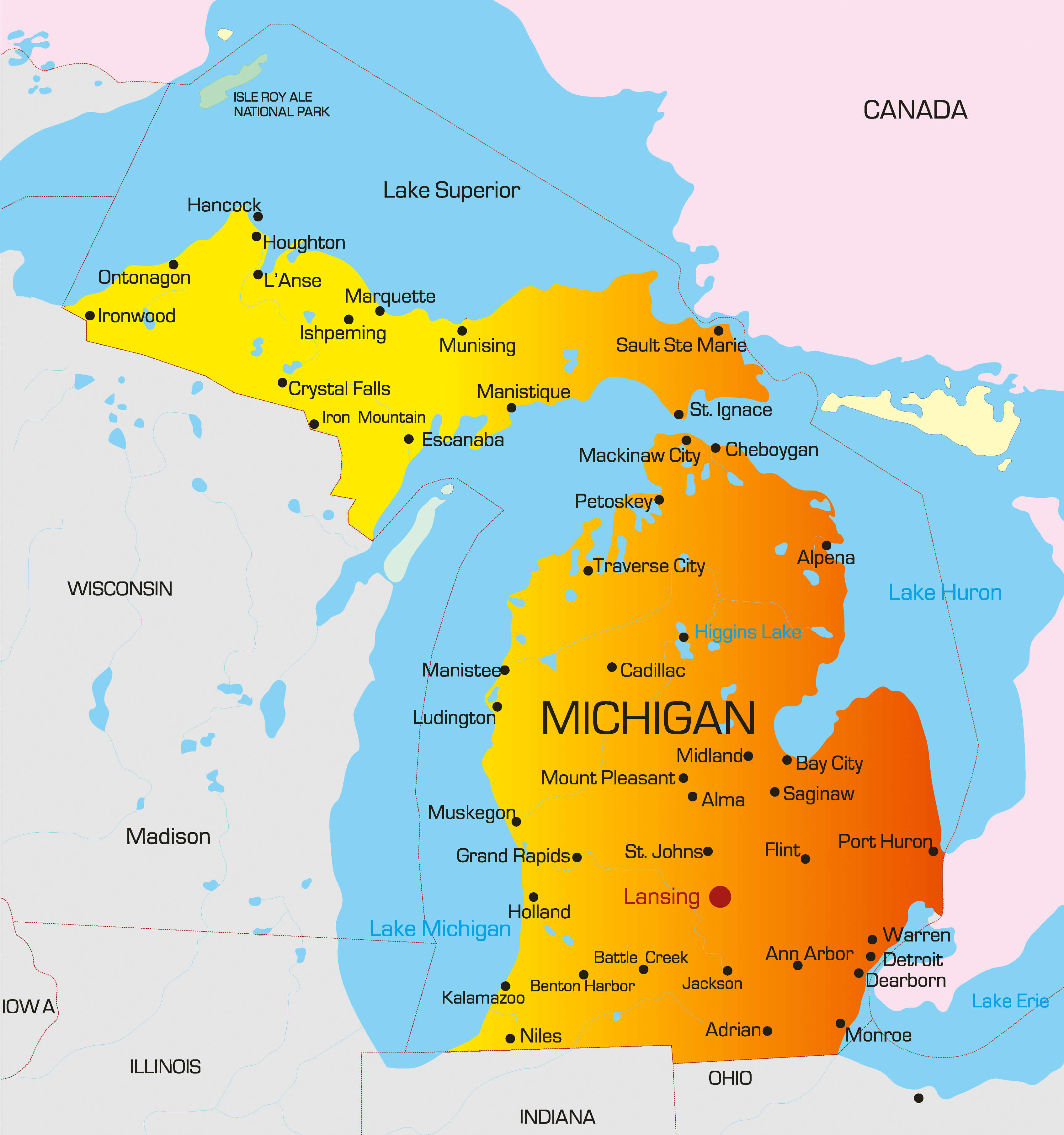 Color map of Michigan with regions and major cities highlighted