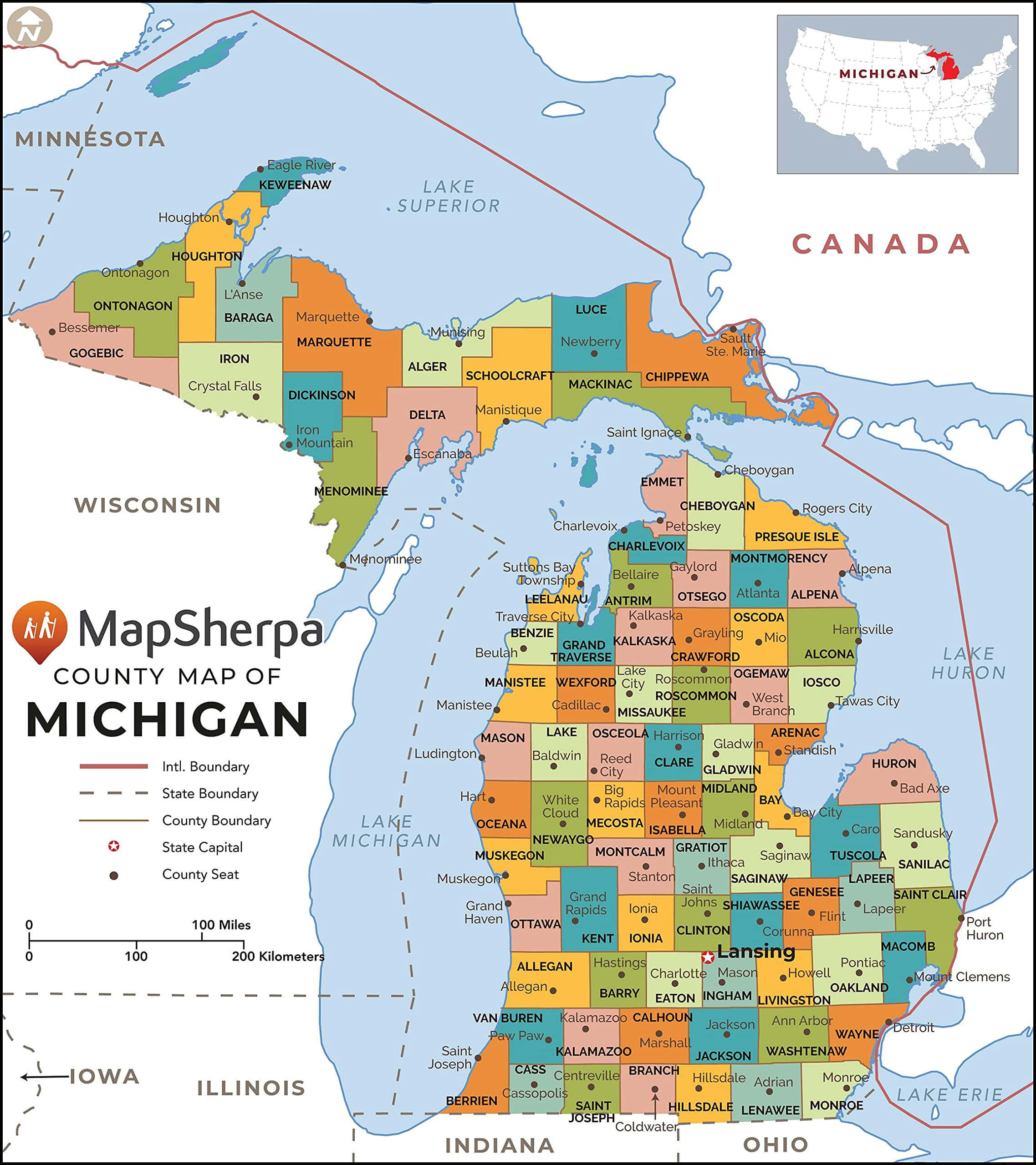 Michigan county map with boundaries, seats, and major cities