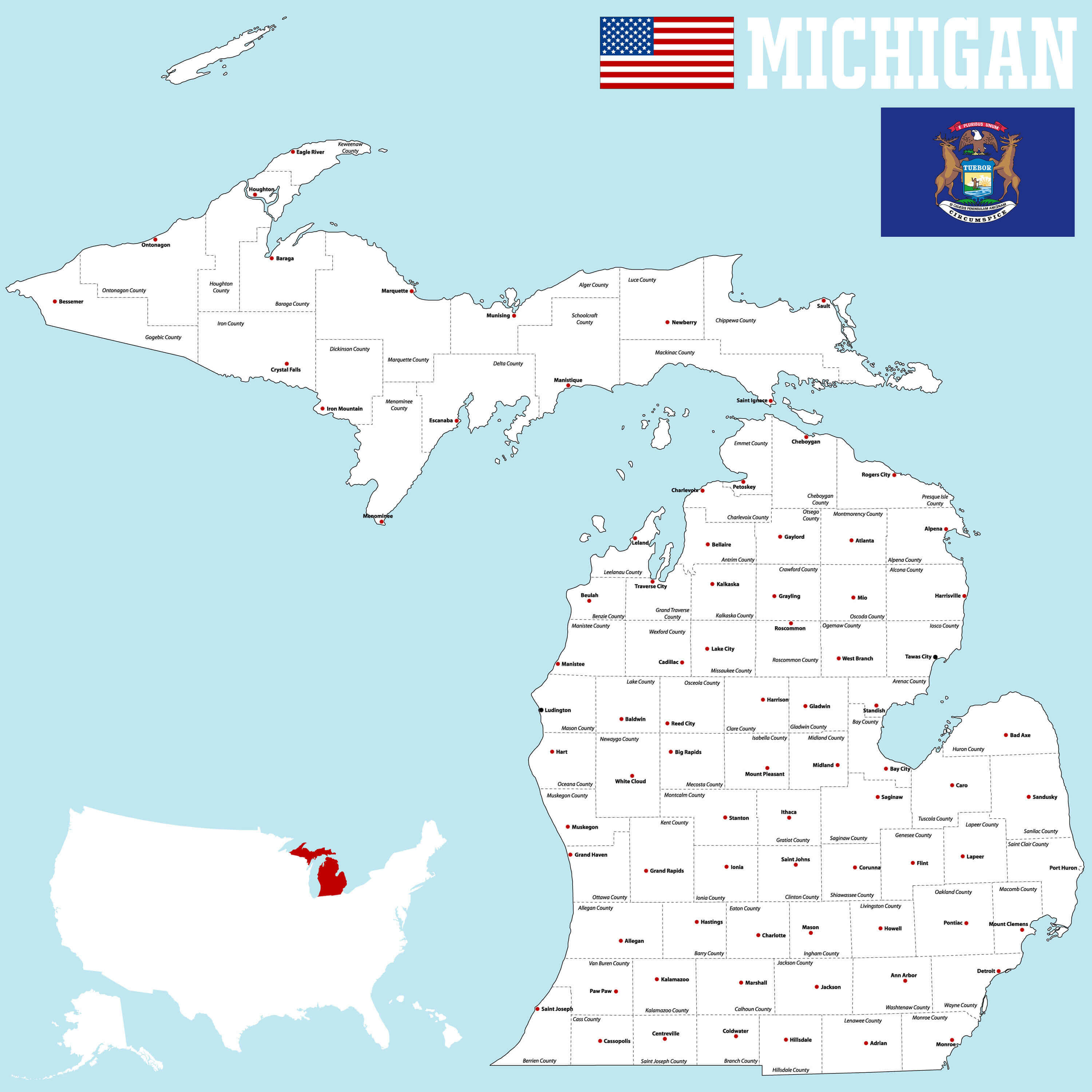 Detailed Michigan map with counties, cities, flag, and location in U.S.