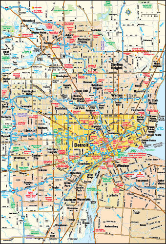 Detailed Detroit map with streets, suburbs, and surrounding areas