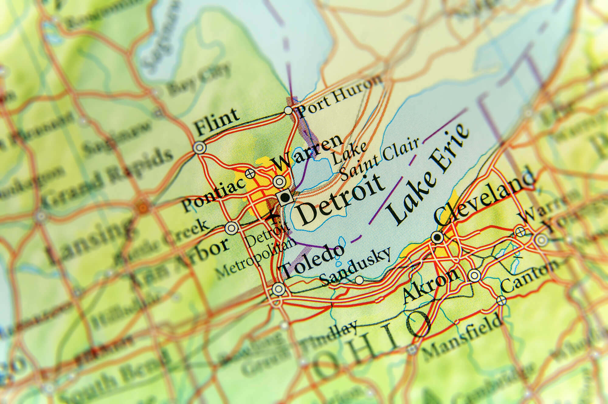 Geographic map of Detroit and nearby cities around Lake Erie