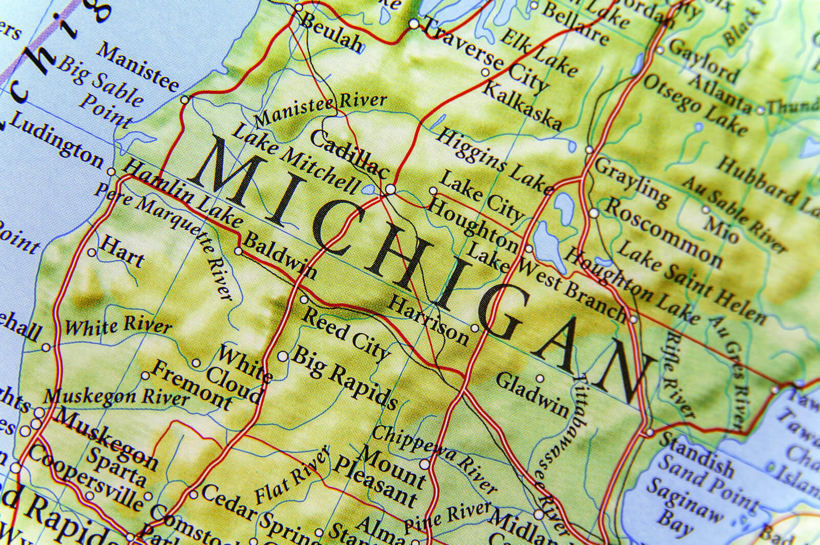 Geographical map of Michigan with lakes, rivers and cities