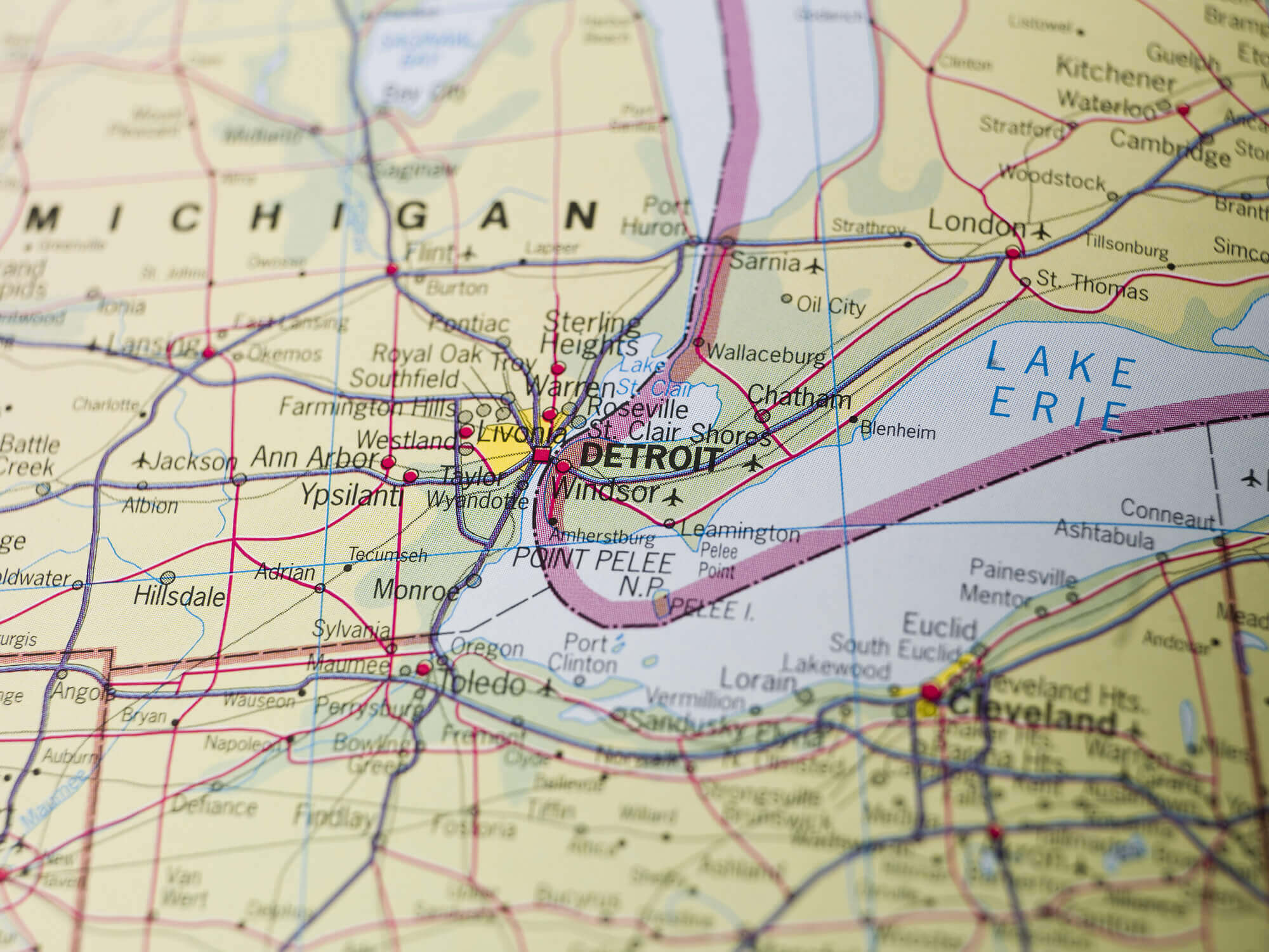 Map of Detroit, Michigan and nearby cities around Lake Erie