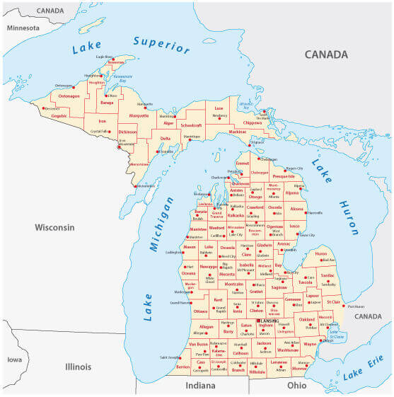 Administrative map of Michigan with counties and cities labelled as follows