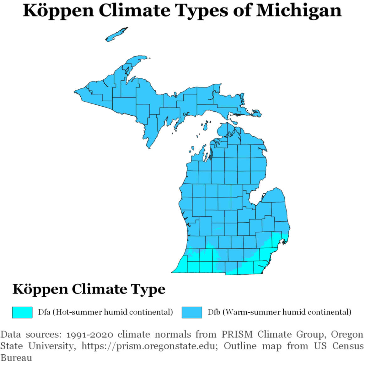 Michigan climate map with Köppen climate zones Dfa and Dfb