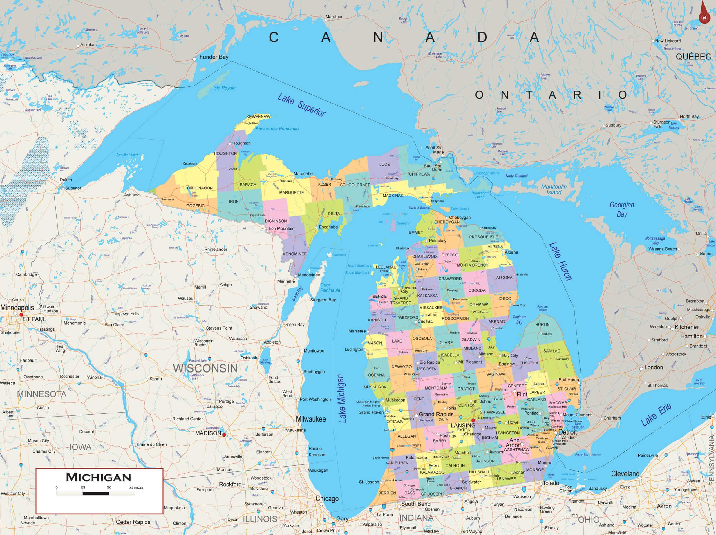 Map of Michigan with county boundaries and surrounding areas