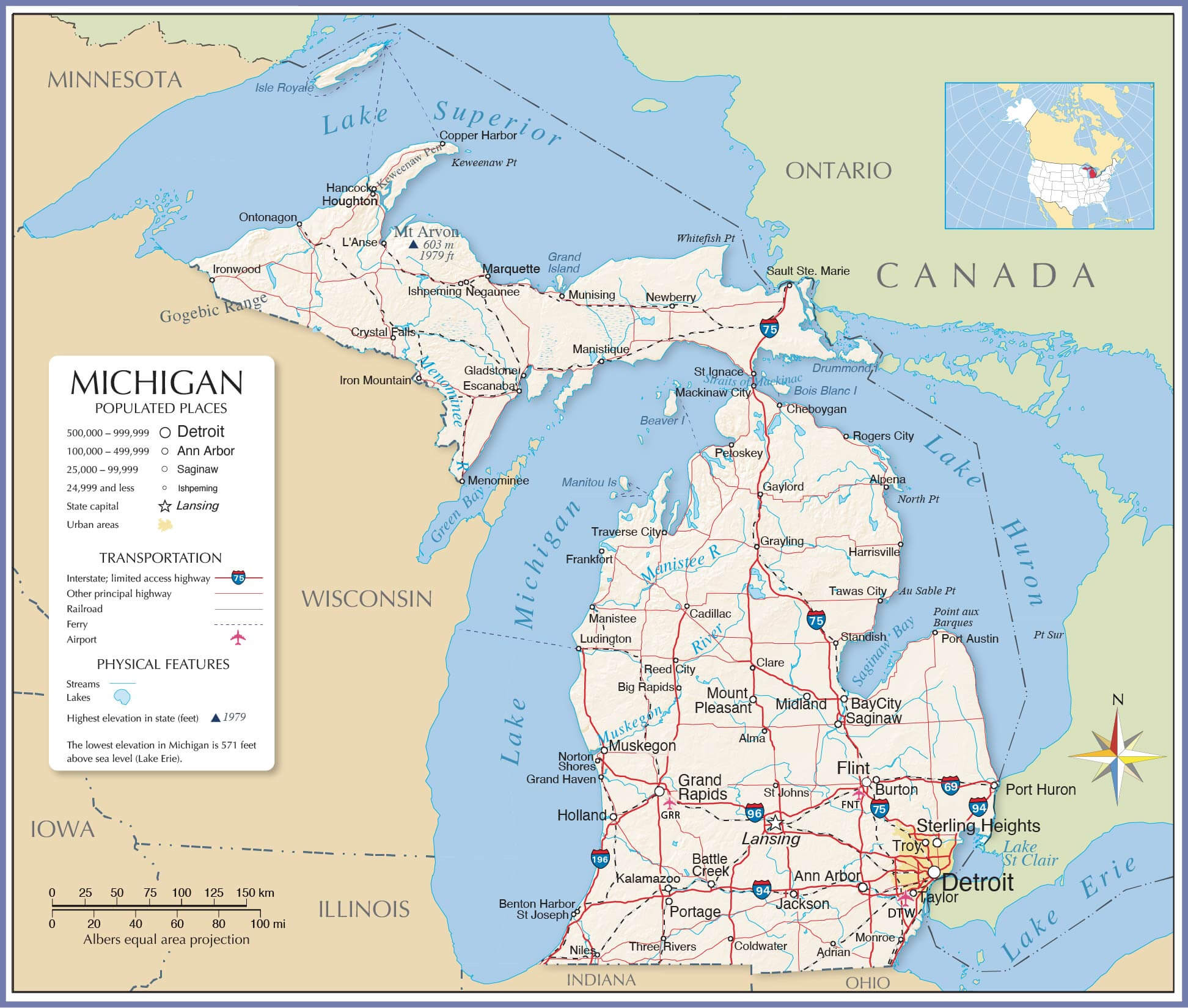 Michigan map with interstates, major towns and public transportation